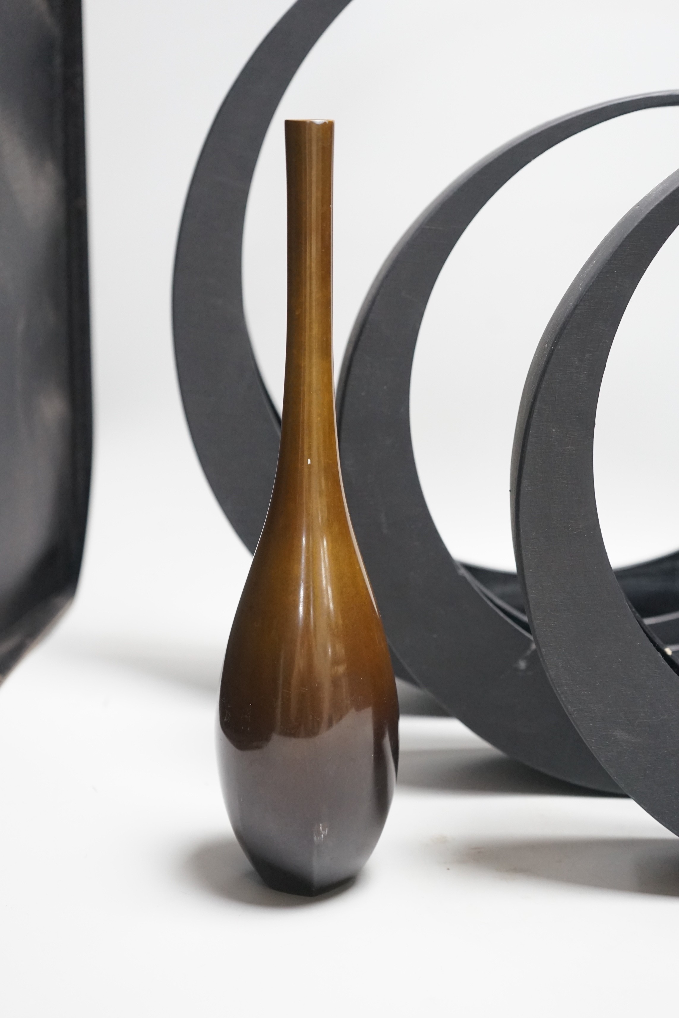 A Japanese bronze bottle vase, 30cm high, three circular black painted wooden abstract sculptures, possibly by Huw Powell Roberts, tallest 42.5cms